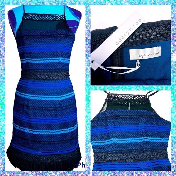 Adelyn Rae Blue Black Lace Illusion Dress Size (M), Fine Crochet Ruffle NWT - Picture 1 of 14